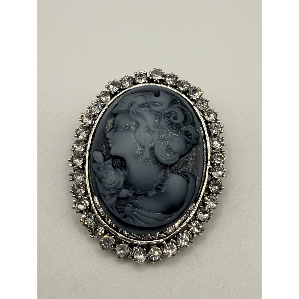Vintage Cameo Brooch Black Resin Left Facing Silver Tone Rhinestone Surround